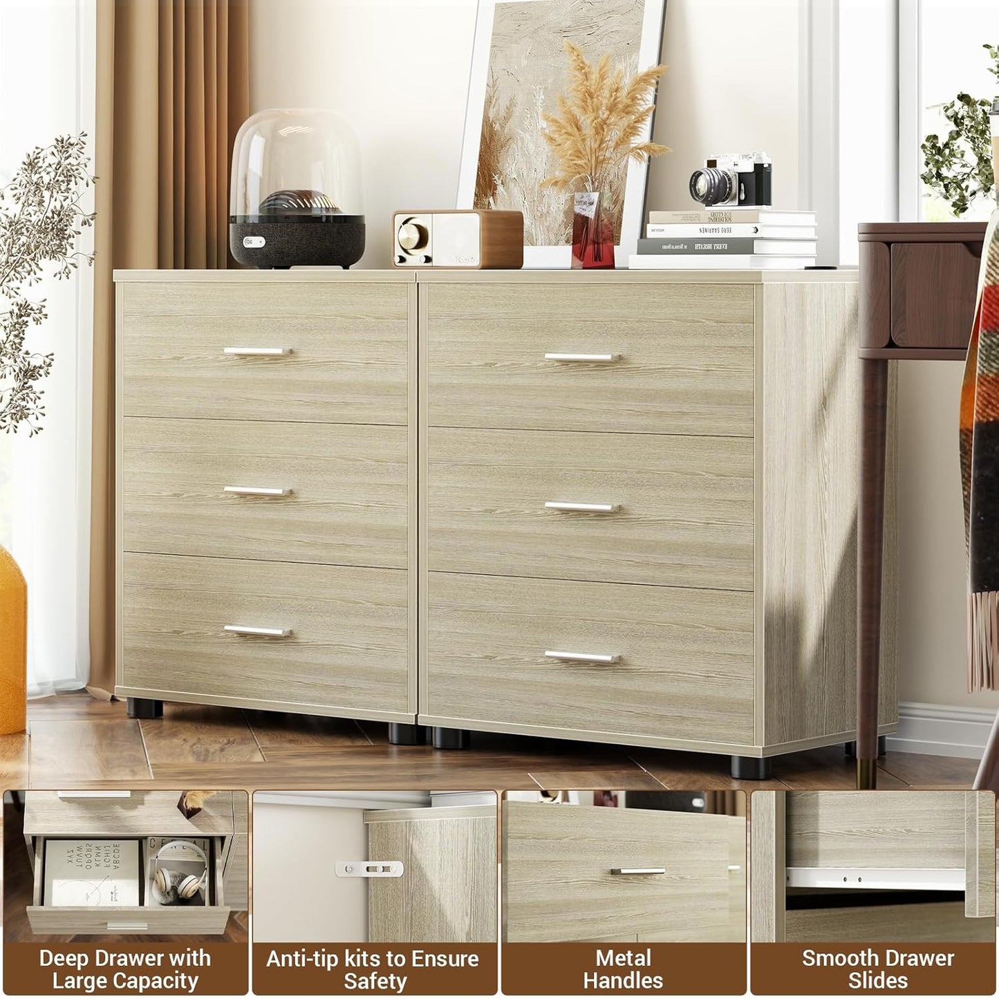 Aheaplus Closet Drawers Set of 2, Wood Closet Organizers and Storage with 3 Drawers, Closet Drawers Organizer System, Nightstands Bedside End Table with 3 Drawers Storage for Bedroom, White Oak