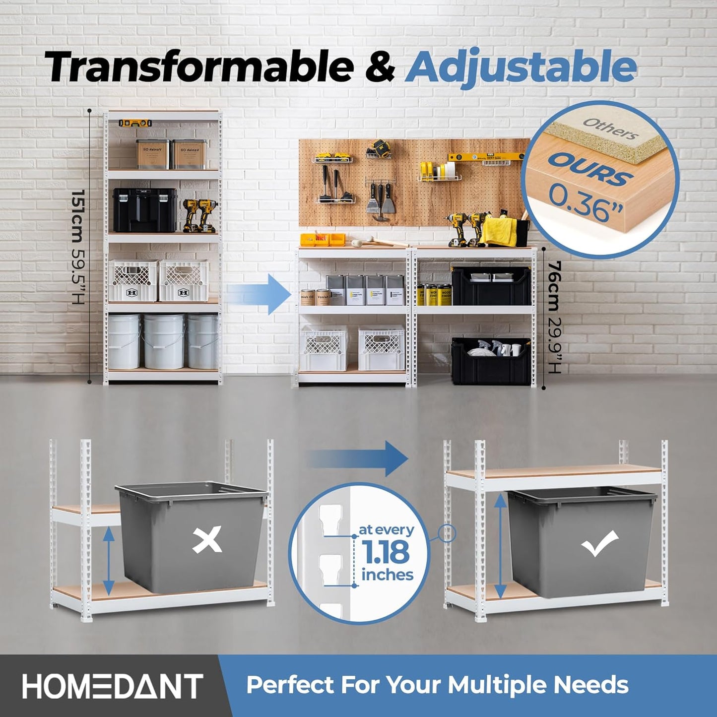 HOMEDANT 5 Tier Laminated White Boltless Metal Shelving Unit Adjustable Garage Storage Utility Rack Heavy Duty Shelves Organization Multipurpose Shelf Warehouse Pantry 28" W x 12.3" D x 59.5" H 1Pack
