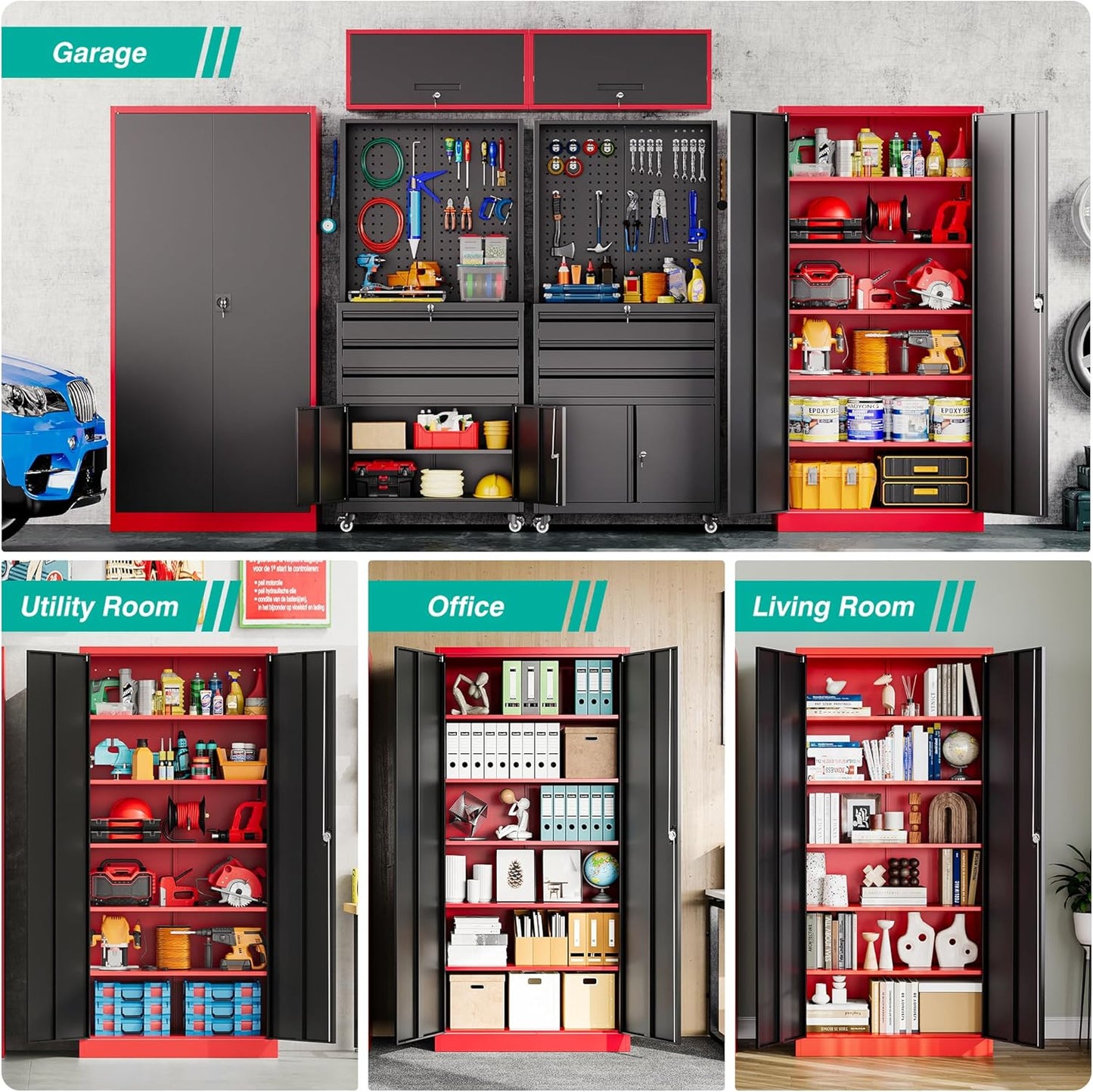 SISESOL Wide & Deep Metal Storage Cabinet with Lock & 5 Adjustable Shelves,72" Red Black Garage Storage Cabinet with Locking Doors,Lockable Cabinets for Home,Office,Shop,Garage,Basement 72x36x18
