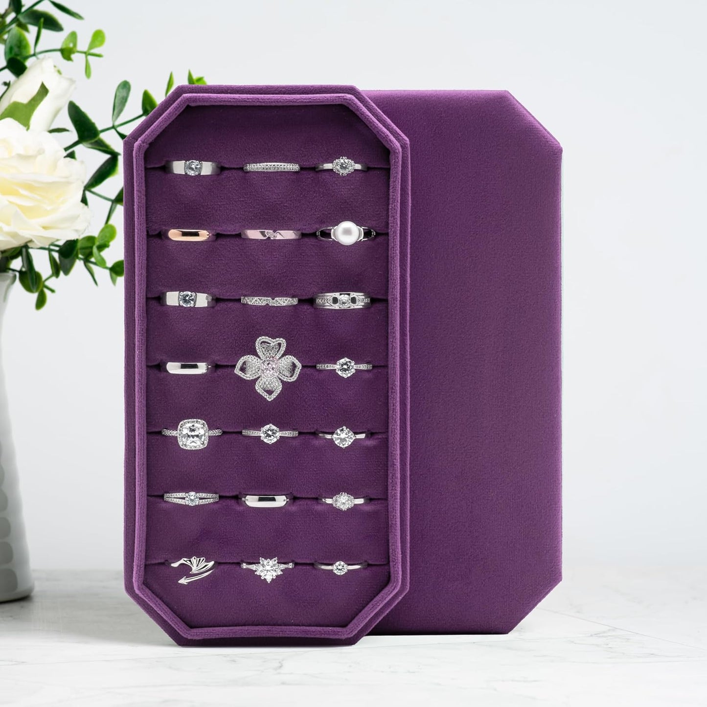 Velvet Ring Organizer Display Tray Jewelry Box Earring Holder Case for Wedding Birthday Christmas Day (Purple)