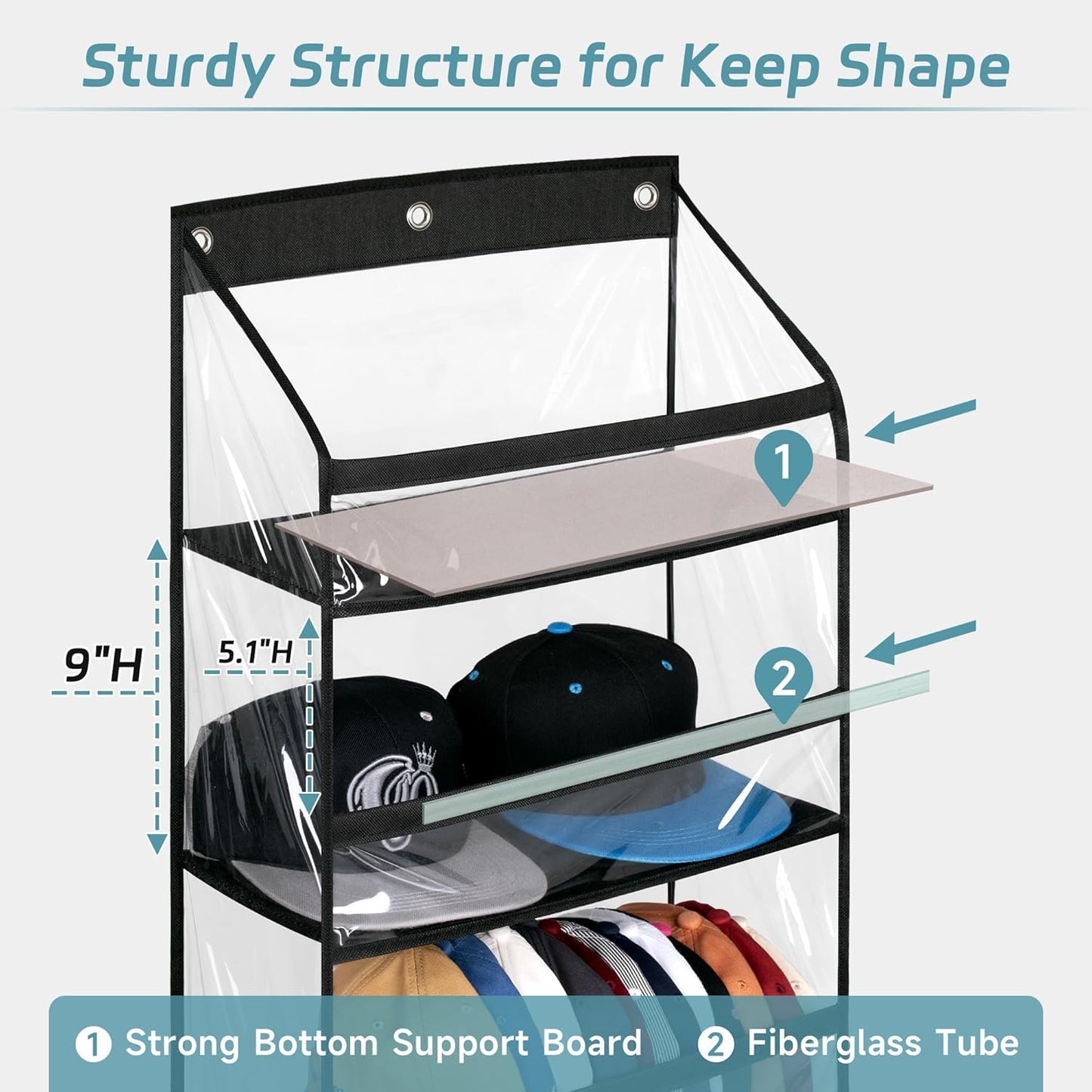 AOODA Clear Over the Door Hat Racks for Baseball Caps, Hold 48 Caps Hat Storage Organizer for Closet Wall, Deep Pockets Hanging Snapback Holder Shelves with 3 Hooks, Black