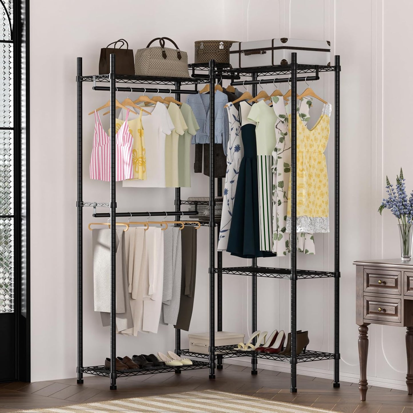 Garment Rack Heavy Duty Clothes Rack Adjustable Freestanding Metal Portable Wardrobe Closet Rack with Shelves for Hanging Clothes - 72" L x 14" W x 75" H, Black