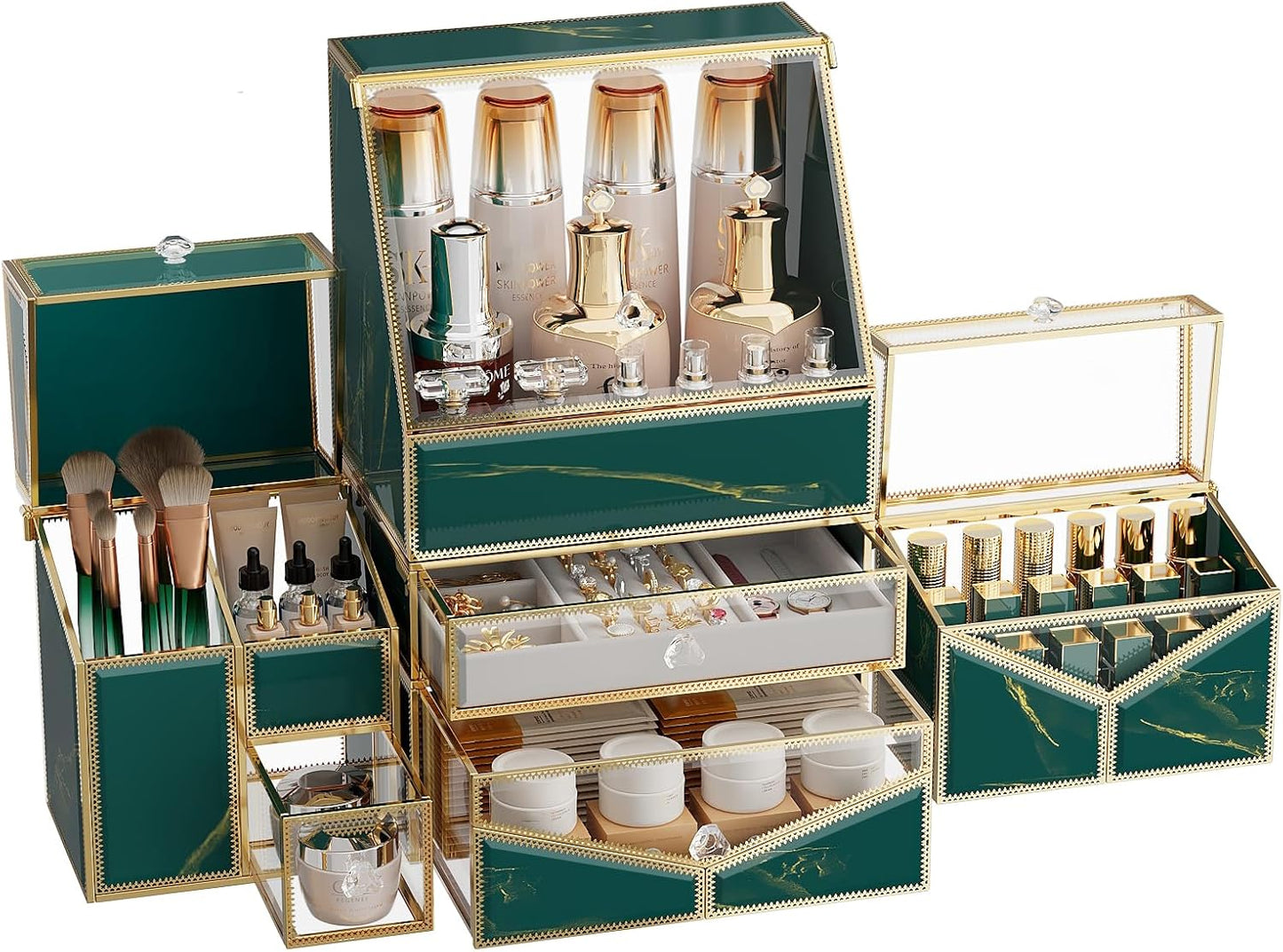 Extra Large Makeup Organizer, Glass Cosmetic Storage with Drawers, Stackable Makeup and Jewelry Organizer for Vanity Table, Bathroom Countertop, Skincare, Lipsticks, Perfume, Brushes