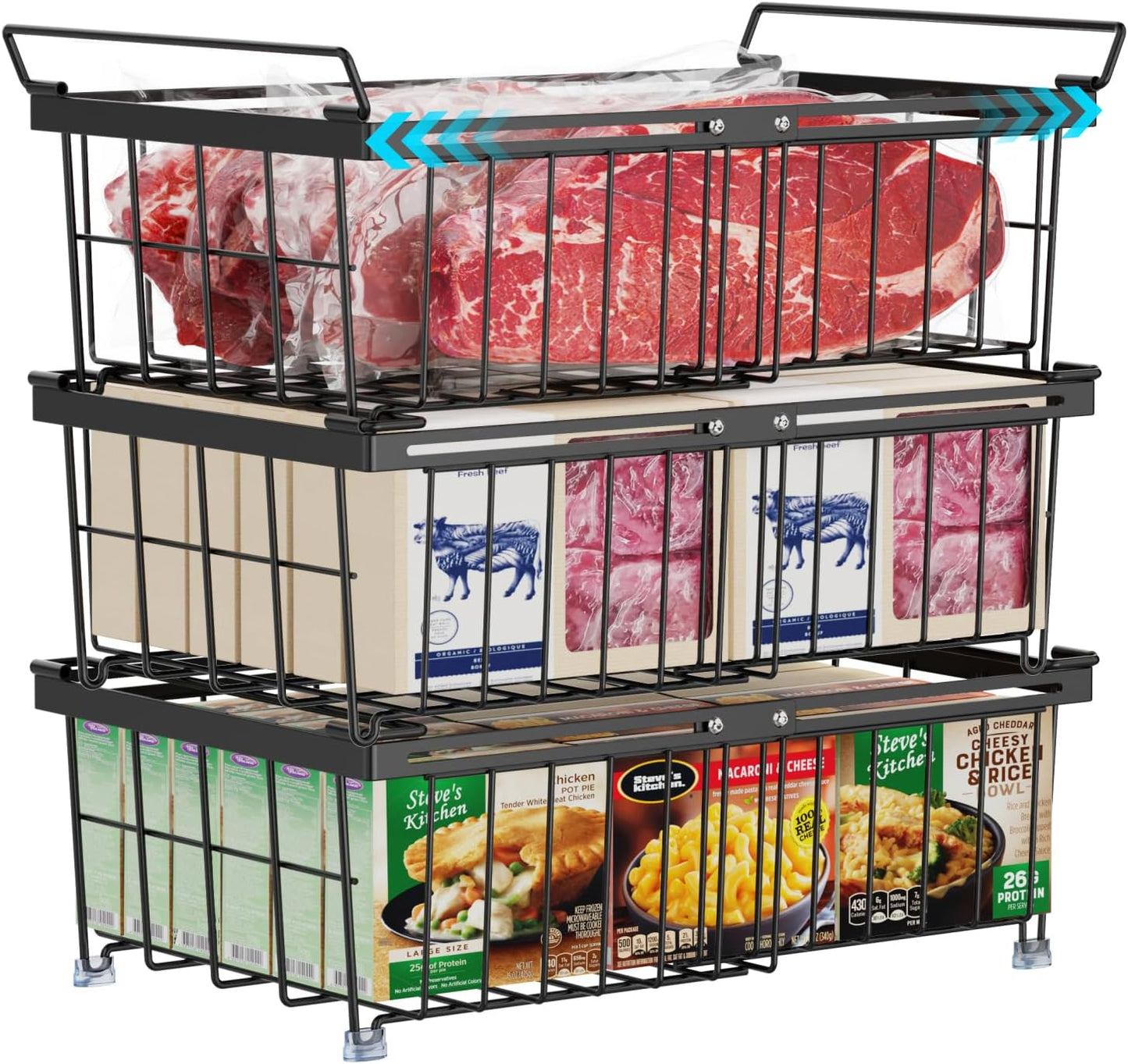 iSPECLE Chest Freezer Organizer - Fit 10 to 20 Cu.FT Freezer, 3 Pack Large Expandable Stackable Deep Freezer Organizer Bins Sort Frozen Food and Easily Get with Handle, Improve Air Circulation, Black