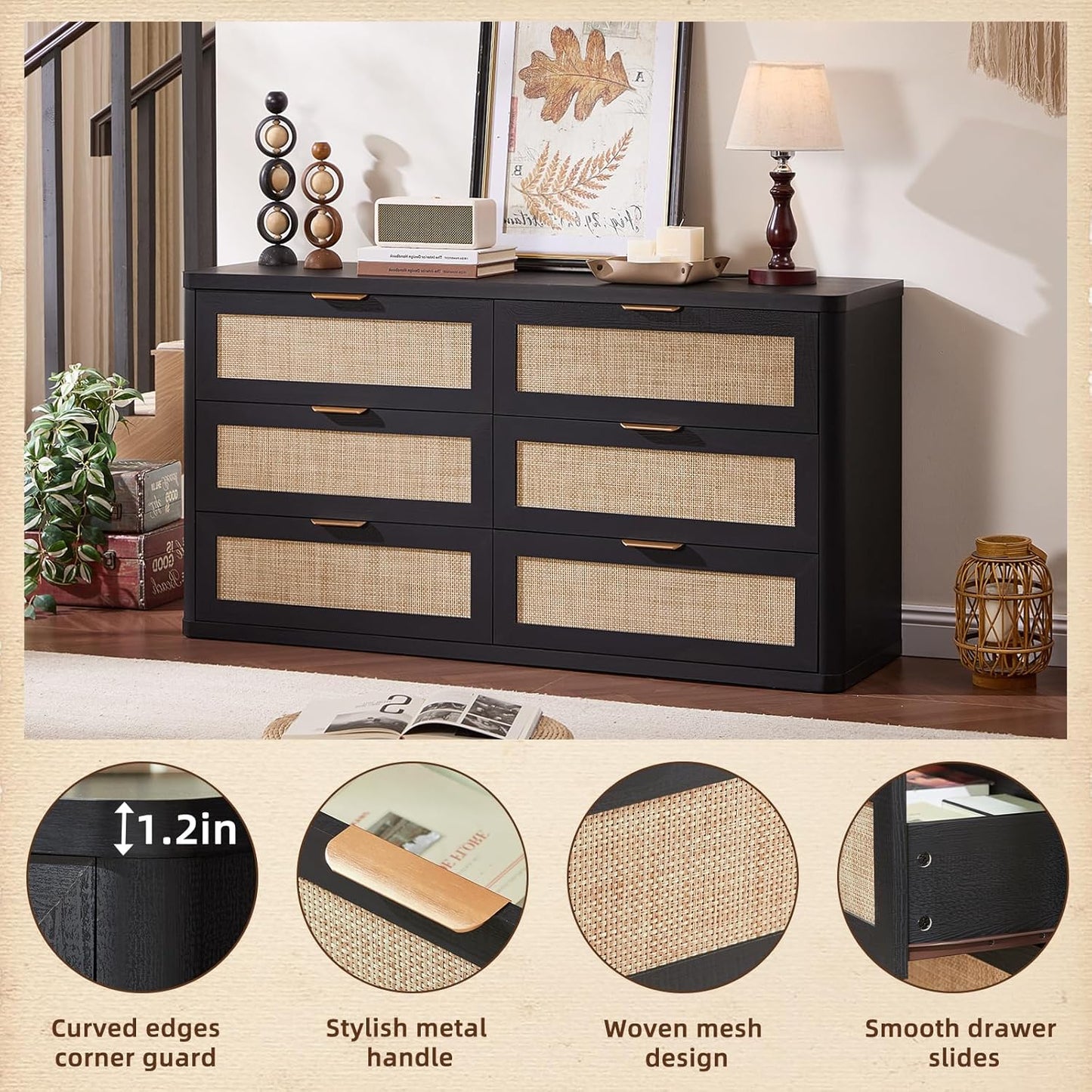 LEYAOYAO Rattan 6 Drawer Dresser for Bedroom, Boho 54" Wide Black Dresser Chest of Drawers, Dressers TV Stand with Metal Handle, Storage Dressers Closet Organizer for Living Room, Hallway