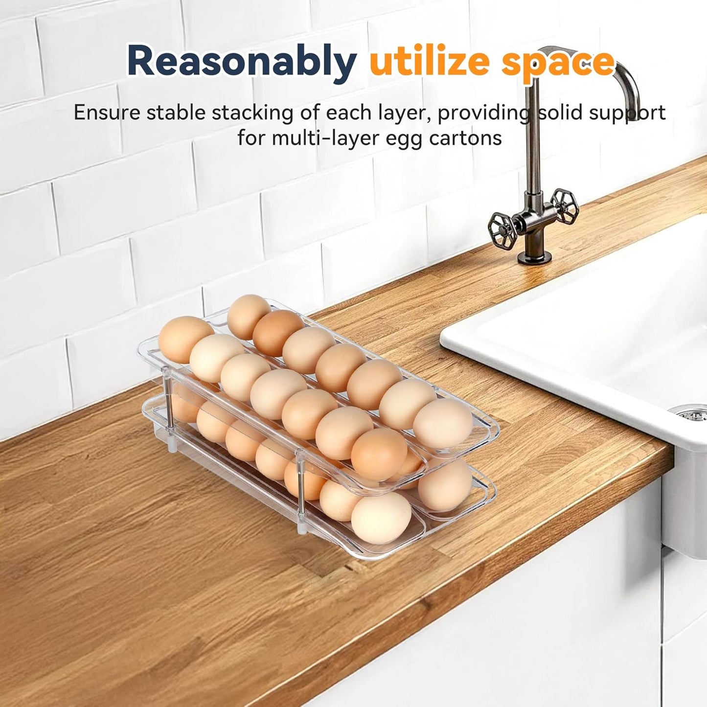 Refrigerator Egg Holder, Self-Rolling Refrigerator Egg Container, Clear Plastic Egg Dispenser, Stackable Egg Organizer with Quick Detachable Inner Tray for Tissue and Storage, 2-Pack