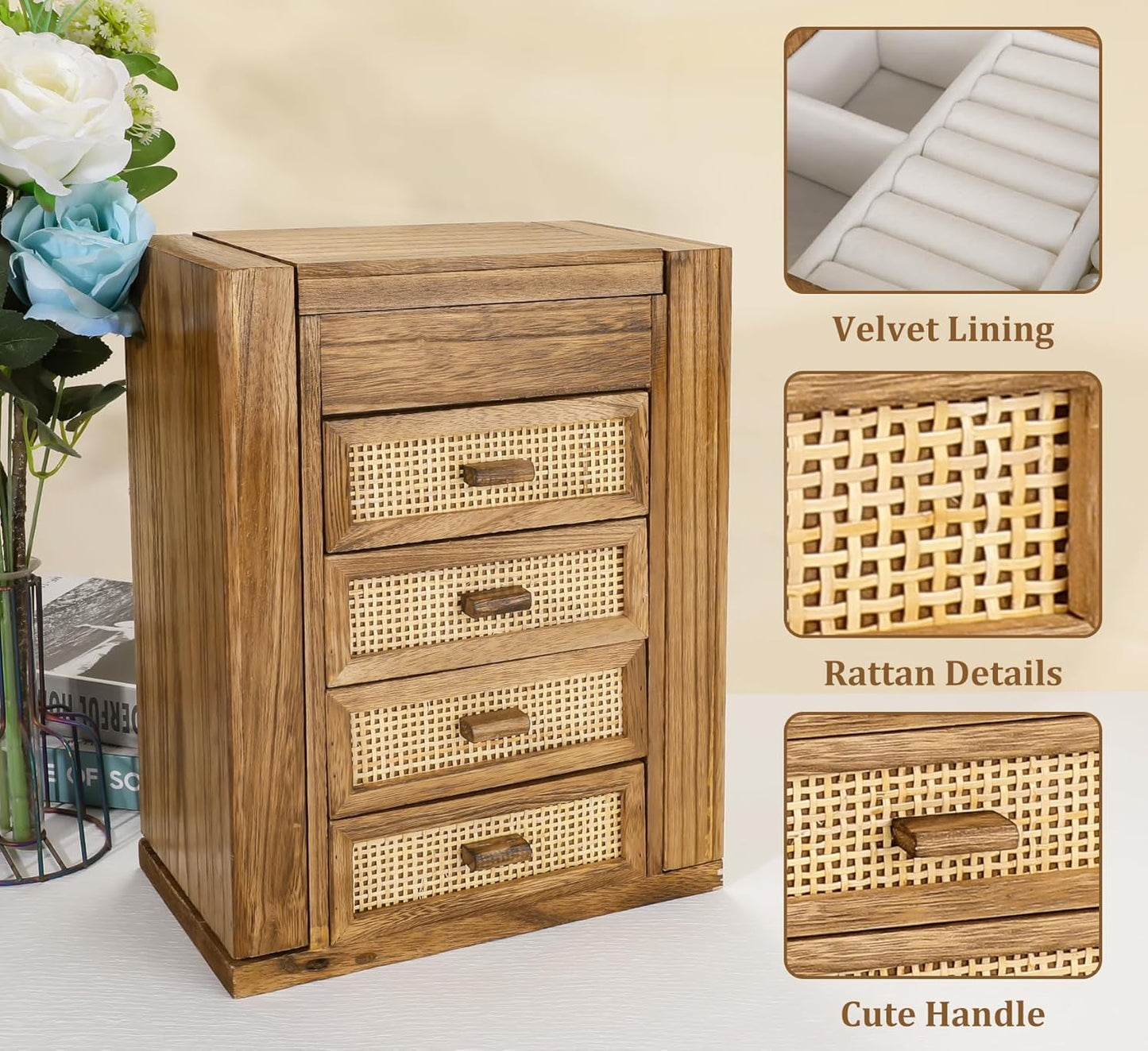 Jewelry Organizer, Rattan Jewelry Box, 5 Layer Wooden Jewelry Organizer Box with Mirror, Jewelry Boxes with 4 Drawers for Women Men, Jewelry Storage for Rings Earrings Necklaces Bracelets Watch