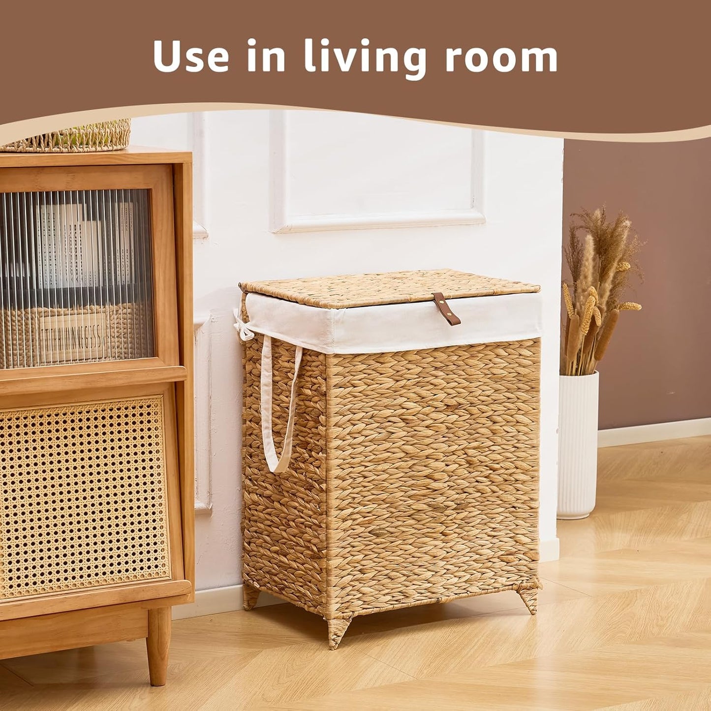 Laundry Hamper with Lid and Removable Liner Bag, Handwoven Natural Hyacinth Clothes Hamper with Heightened Feet, Wicker Laundry Basket for Clothes and Towels，Middle