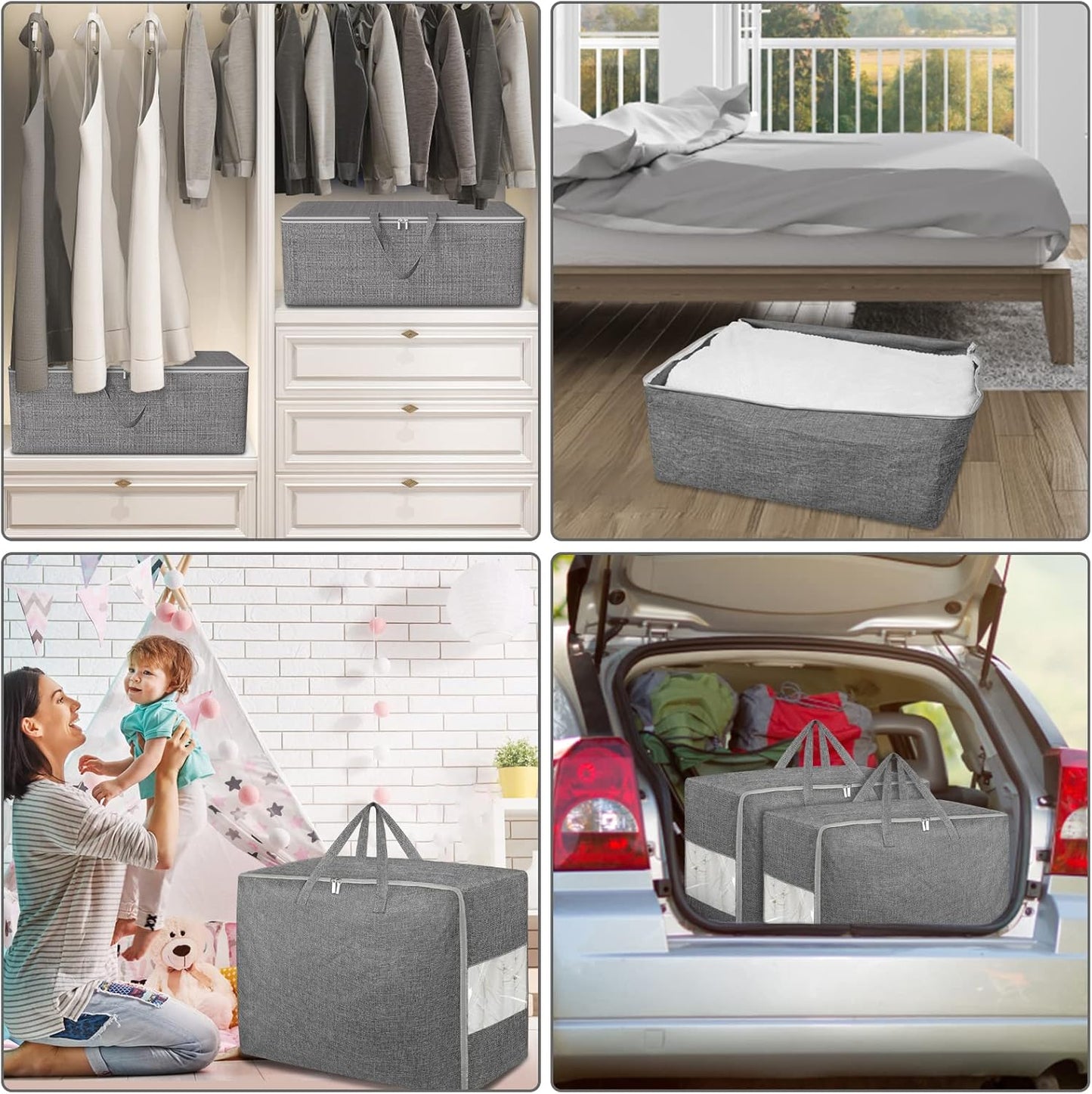 2Pack 84L Large Storage Bags, Folding Moving Comforter Blanket Storage Bags Closet Organizers and Storage Containers with Strong Handles&Zippers Clear Window for Clothes Bedding Pillow, Grey