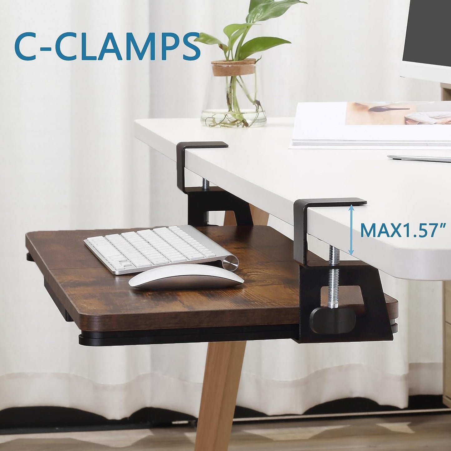 ETHU Keyboard Tray Under Desk, 19.7" X 11.81" Small Size Keyboard Drawer with C Clamp-on Mount Easy to Install, Computer Keyboard Stand Slide Pull Out, Ergonomic Keyboard Tray for Home, Office