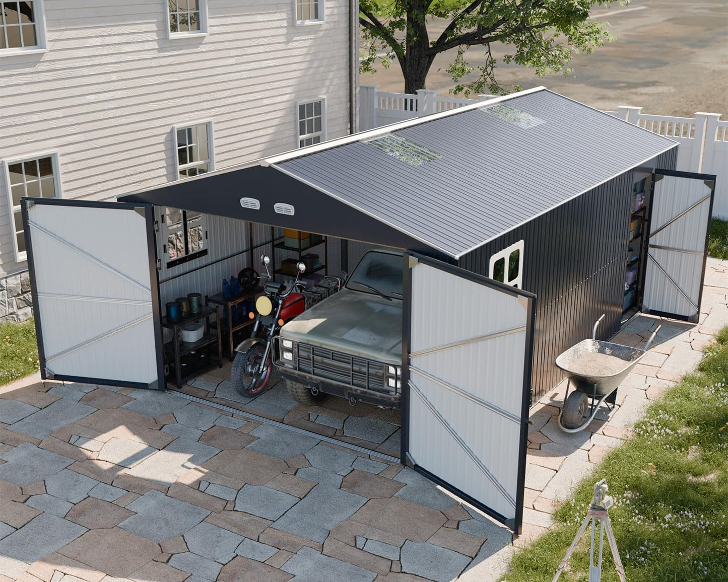 Metal Garage Shed for Car with Floor Kit, 13x20x8.5' Large Outdoor Storage Building and Workshop, Weatherproof Steel Carport with Ultra-Reinforced Truss System, Skylights & Dual-Entry