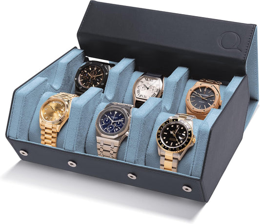 QWATCHBANDS Napa Leather Watch Case for Men - Watch Roll Storage Organizer & Watch Display - Six Slot Luxury Watch Box for Home or Travel - Mens 6 Watch Holder Case (Gray Blue)