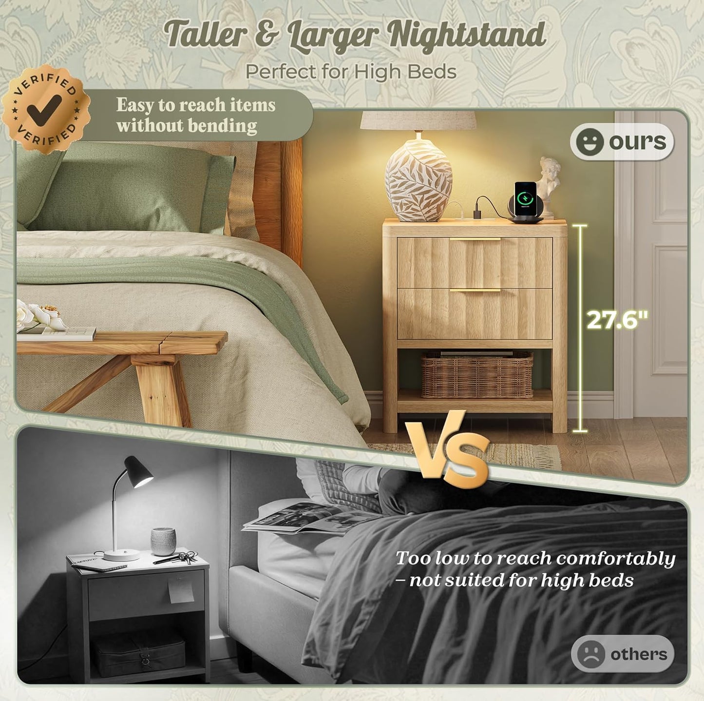 Huuger 27.6 Inch Tall Night Stands with Charger Station, USB-C Port, Fluted Nightstand Set of 2, Larger Wider Bed Side Table with 2 Deep Drawers, Open Shelf, Bedroom Living Room End Table, Natural
