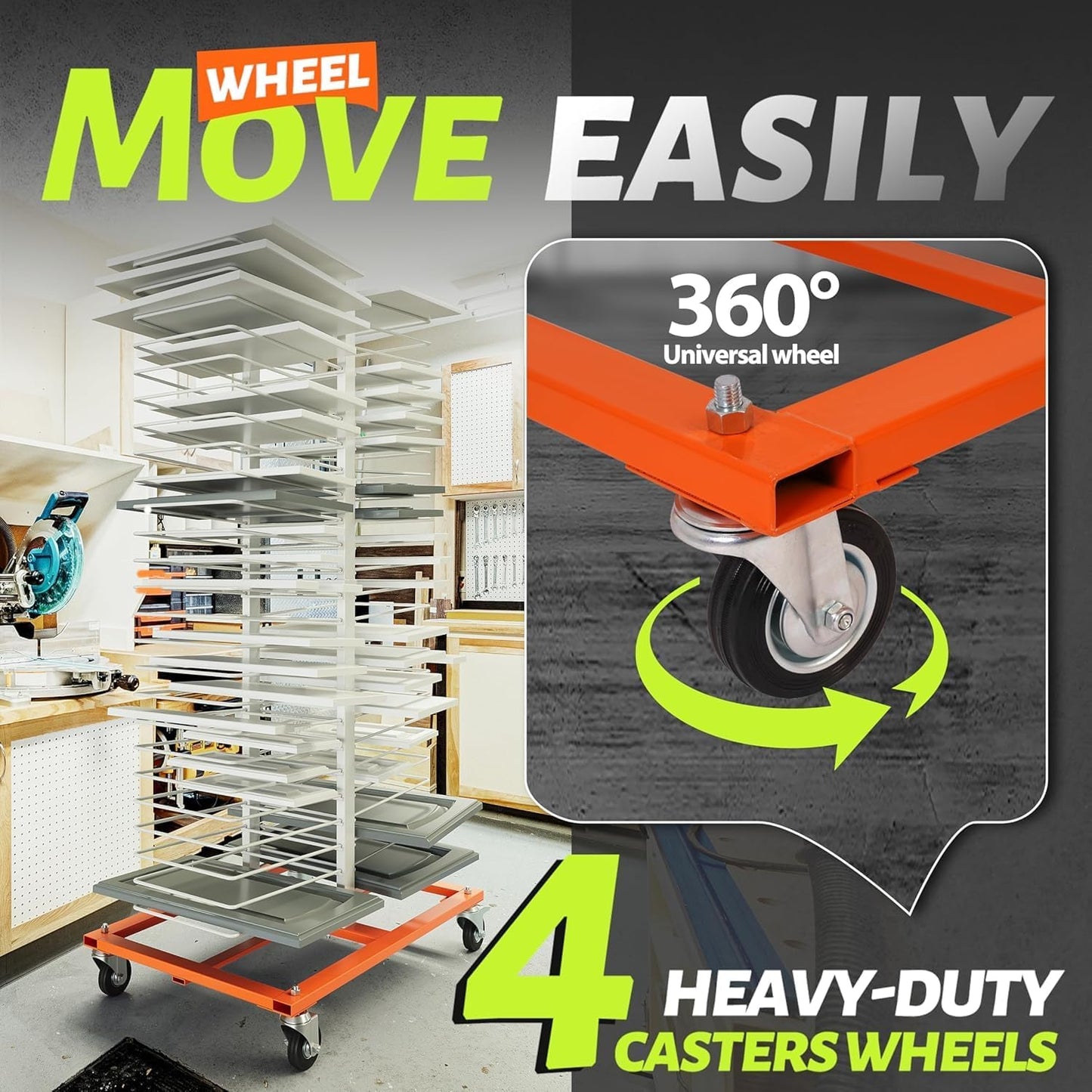 50 Shelves Paint Cabinet Drying Rack with 4 Caster Wheels, Cabinet Drying Rack, 25lbs/Shelf Capacity, Space Saving, Modern Style, Orange & White, Steel