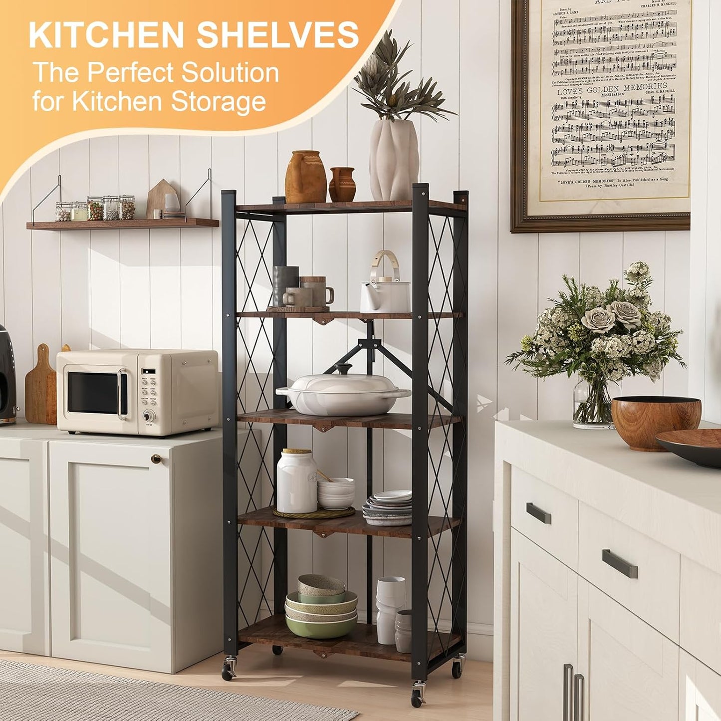 5-Tier Foldable Storage Shelves with Wheels, Folding Metal Shelf Unit, Folding Bookshelf no Assembly, Collapsible Shelves for Craft Shows for Kitchen, Bedroom, Living Room, Rustic Brown