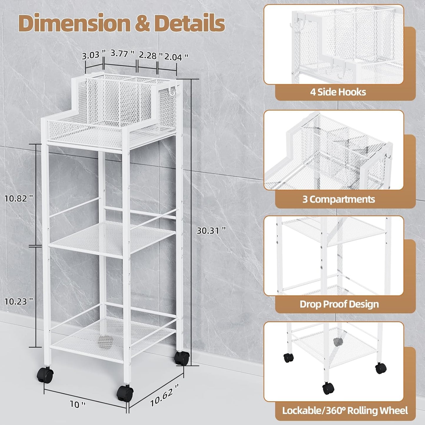 VITVITI Metal Hair Tool Organizer Shelf for Bathroom, 3 Tiers Hair Product Organizers Cart Floor Stand, Curling Irons Straighteners Storage Makeup Organizers for Vanity (White Color)