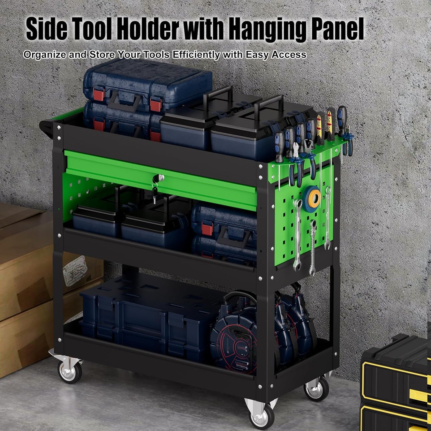 Heavy Duty 3 Tier Tool Cart, Mechanic Metal Rolling Tool Cart with Storage Drawers for Garage Workshop
