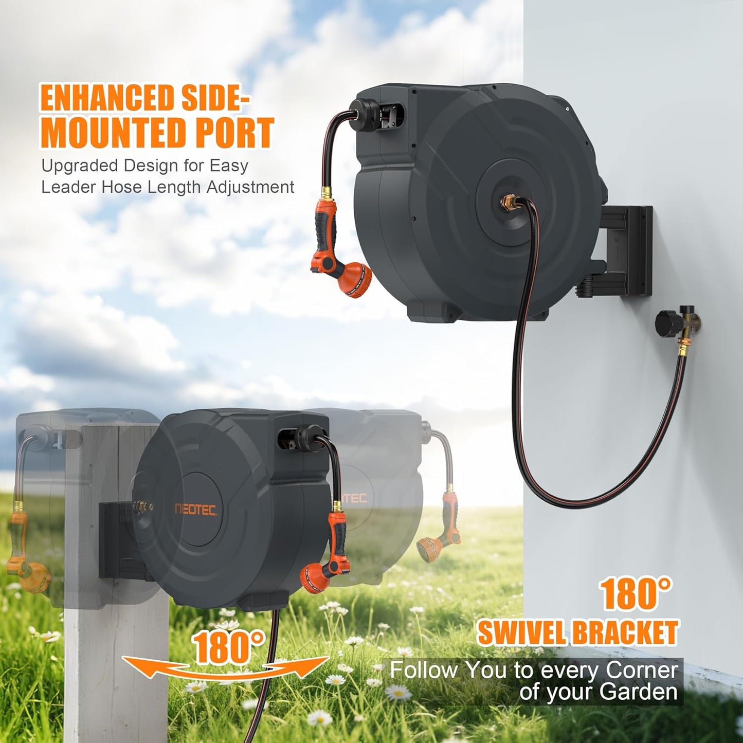 NEOTEC Retractable Garden Hose Reel 1/2 inch x 150ft - Wall Mounted Heavy Duty Hose Reel with 3/4 Inch Brass Fittings & 9-Pattern Nozzle - Auto Rewind System, Any Length Lock, 180° Swivel Bracket