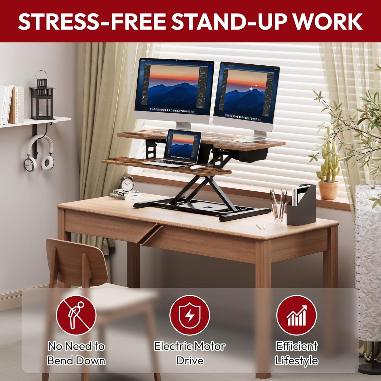 SANODESK Standing Desk Converter with Electric Motor 35" Height Adjustable Desk Riser for Office Home,Monitor and Laptop Workstation with Large Keyboard Tray, Rustic Color