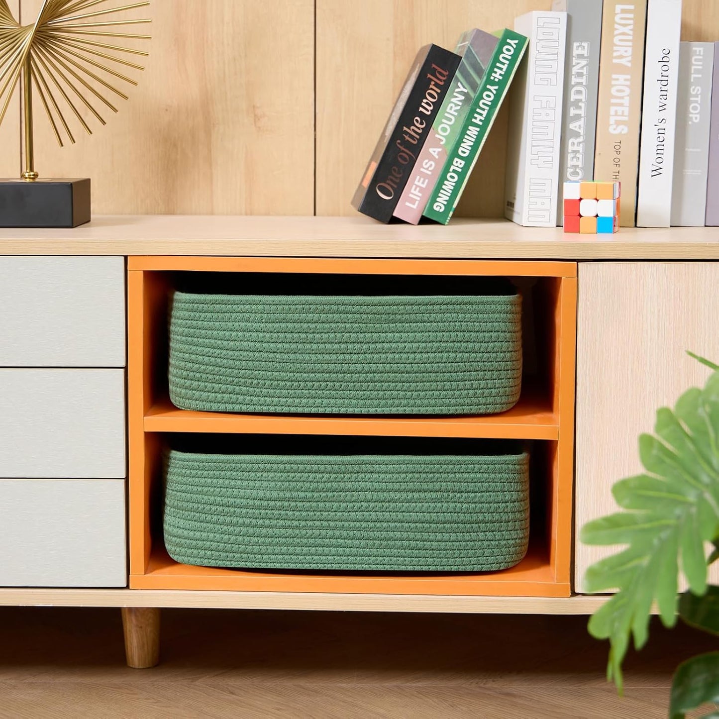 Large Shallow Organizing Baskets 15x11x5.1 Inches - Rope Woven Storage Bins for Bathroom, Shelves, Cube Closet, Green 3 Packs