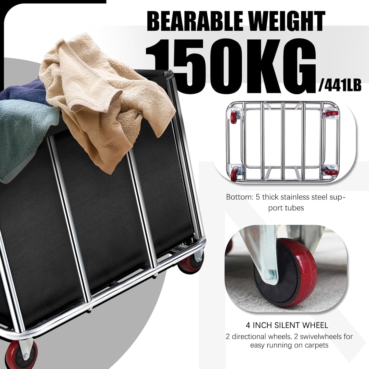 Commercial Laundry Cart with Wheels, 11.35 Bushel Large Laundry Tumbler with Removable Waterproof Canvas Lined Basket, Heavy Duty Stainless Steel Laundry Basket for Hotels and Hospitals