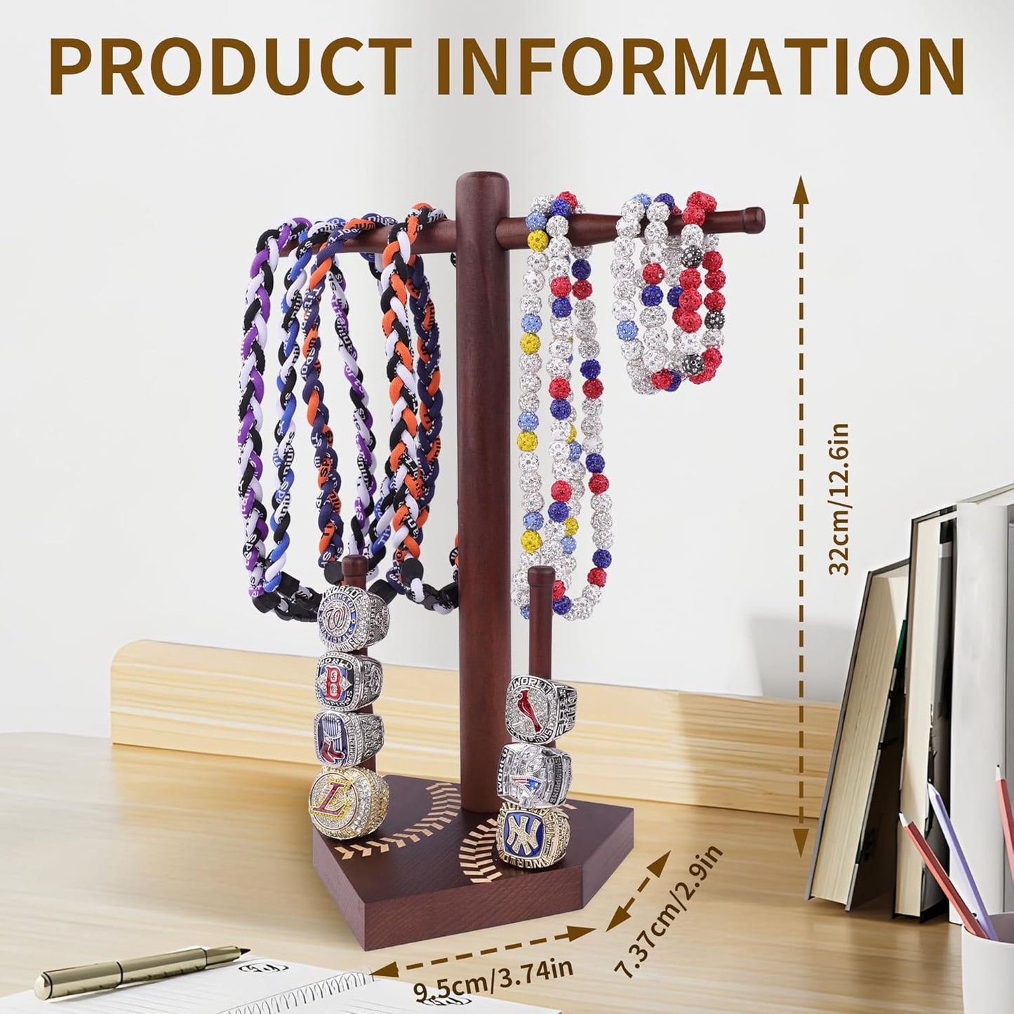 Baseball and Softball Jewelry Organizer - Wooden Display Holder for Championship Rings & Drip Necklaces, All-in-One Sports Ring Holder, Perfect Display Gift for Athletes and Fans