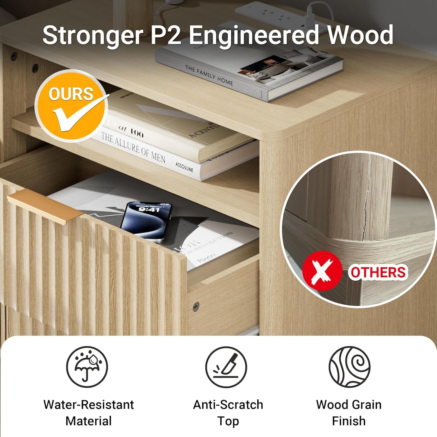 Fluted Nightstand with Charging Station, 18" Mid-Century Modern Night Stand, 2 Drawers End Table with Storage, Bedside Table for Bedroom Sofa Home Office, Curved Profile (Natural Oak)