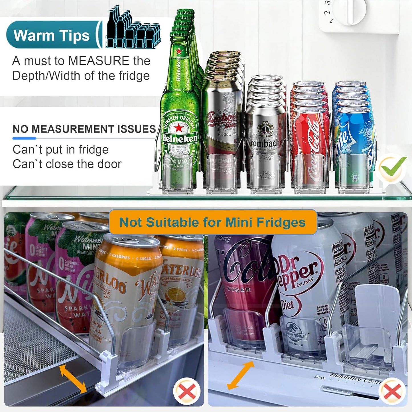 Upgraded Drink Organizer for Fridge, Space-Saving Fridge Drink Organizer, Automatic Pusher Glide and Adjustable Width Drink Dispenser for Fridge - Holds Up to 25 Cans (5 Rows White)
