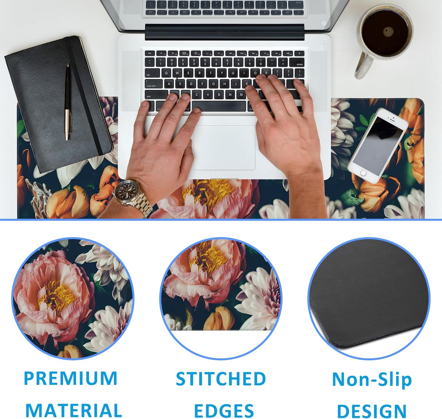Vintage Beautiful Flowers Desk Mat,Large Gaming Mouse Pad,Non-Slip Rubber Base Desk Pad with Stitched Edges for Desk Office Home Decor 35.4X15.7 Inch