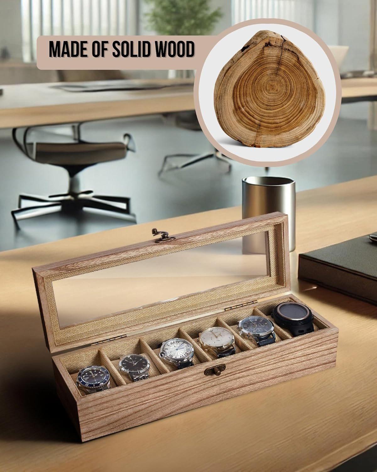 Watch Box, Watch Case for Men Women with Large Glass Lid, Wooden Watch Display Storage Box with 6 - Slots, Weathered Wood Mens Watch Box Organizer