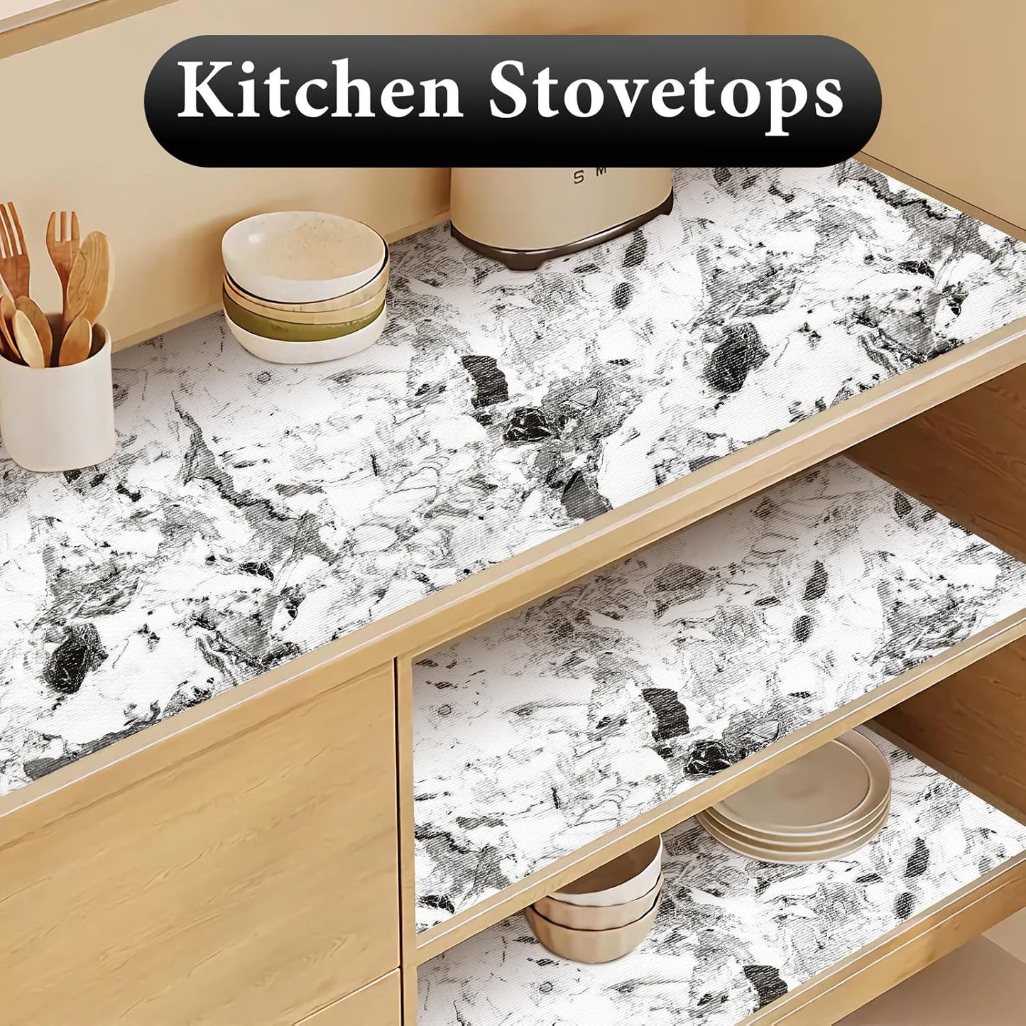 Drawer and Shelf Liner for Kitchen Cabinet: 17 in X 30 Ft Non Slip Waterproof Shelf Paper Non Adhesive Refrigerator Liners Grey and White Marble Easy Liners for Bathroom with Knife Tape Measure