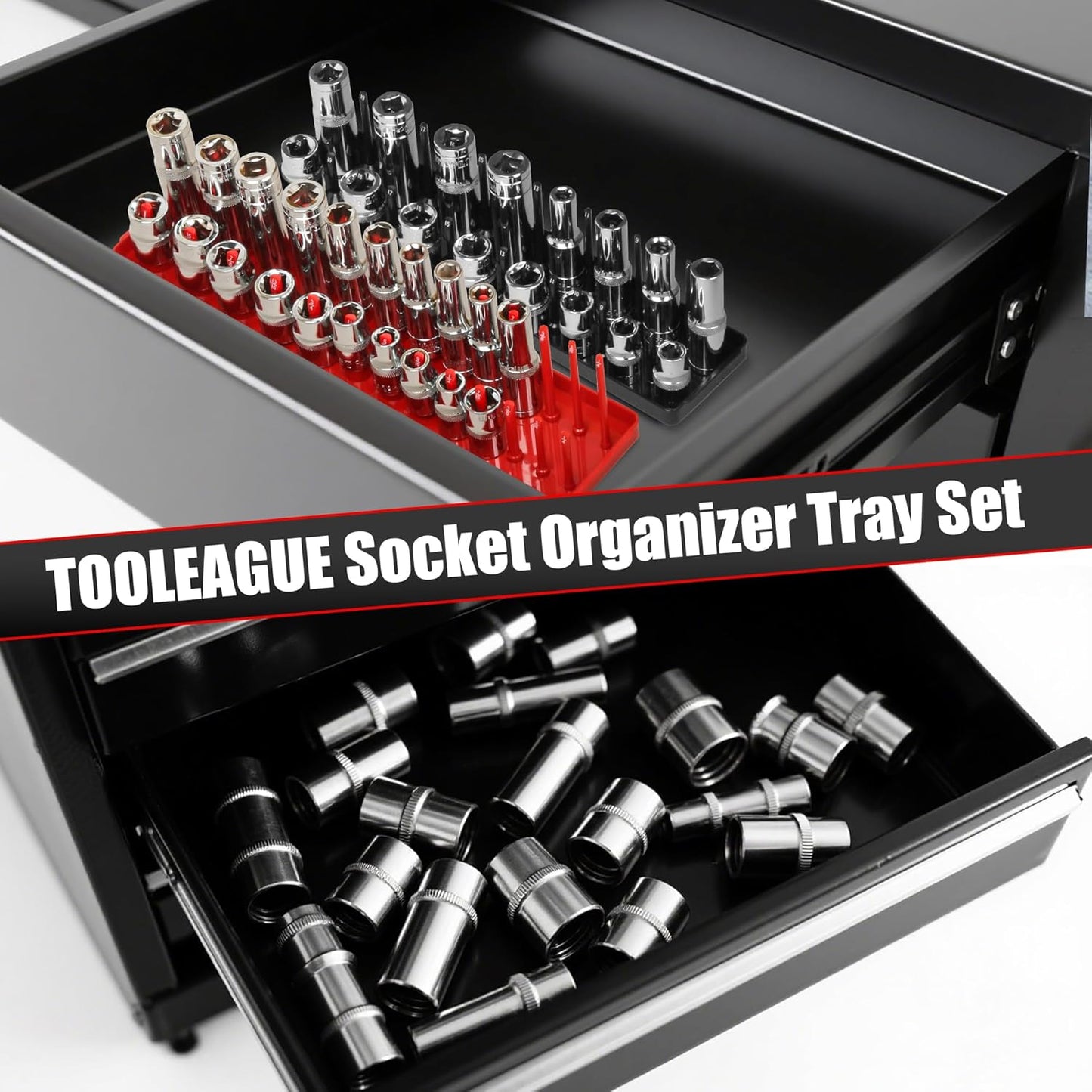TOOLEAGUE 7Pcs Socket Organizer Tray and Magnetic Wrench Holder Set,Red SAE & Black Metric, 1/2", 1/4", 3/8" Socket Storage Trays for Tool Box Drawer