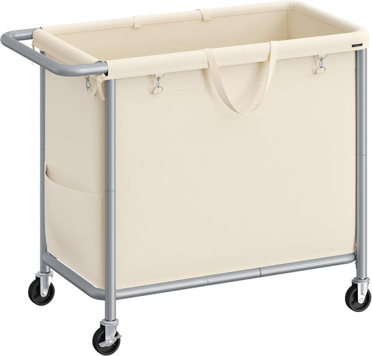 SONGMICS Laundry Basket with Wheels, Rolling Laundry Hamper, 47.5 Gallons (180 L), Removable Liner, Steel Frame with Handle, 31.5 x 15.4 x 31.9 Inches, Cream White URLS011W01