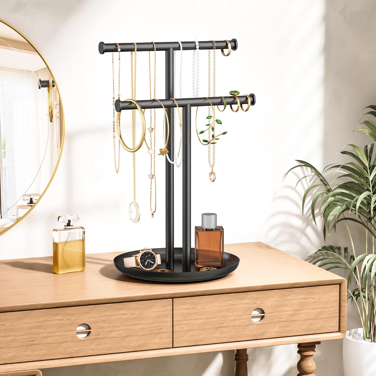 Necklace Rack Stand with Storage Tray - 2 Rods T-Shaped Jewelry Holder Stand for Bracelets, Earrings, Rings | Elegant Vanity & Dresser Top Storage for Women, Black.