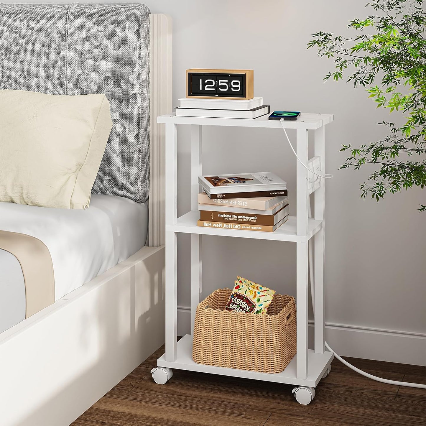 TUTOTAK Small Narrow Side Table with Charging Station, Set of 2 Skinny End Table for Small Spaces, Slim Nightstand with USB Ports and Outlet,Sofa Beside Table with Wheels, White TB01BW047