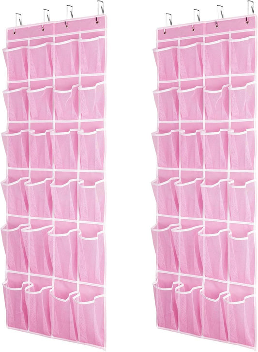 2 Pack Hanging Shoe Organizer，Over Door Shoe Organizer with 24 Mesh Large Pockets Shoe Storage Bag for Sport Shoes Size:58x21 Inch Hanging Door Shoe Rack Organizer (Pink-2pack)