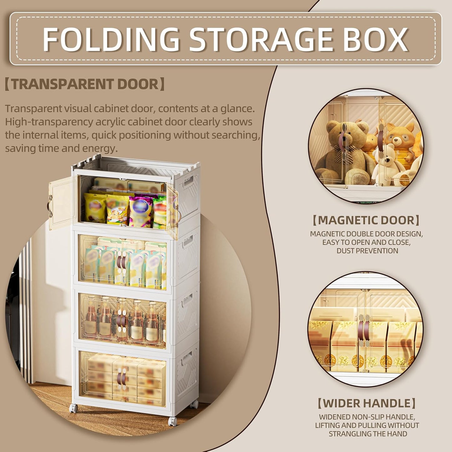 340 QT / 85 Gal Magnetic Door Storage Bins Collapsible Stackable w/1 Lid, Heavy Duty Plastic Cabinet with Wheels for Home Office Organization (White)
