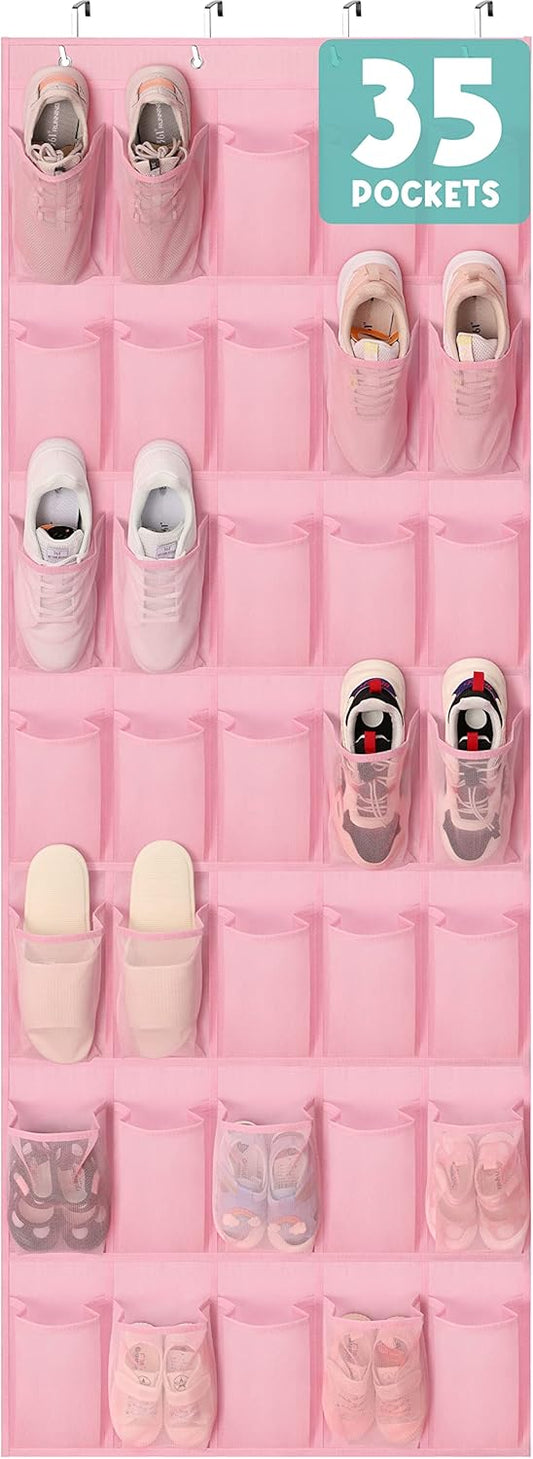 Tiblue Over The Door Shoe Organizers Pink with 35 Mesh Pockets Baby Organizer Storage Hanging Shoe Organizer Shoe Holder Rack For Toddler Girl Room Baby Room Craft Room Bedroom Pantry Bathroom Closet