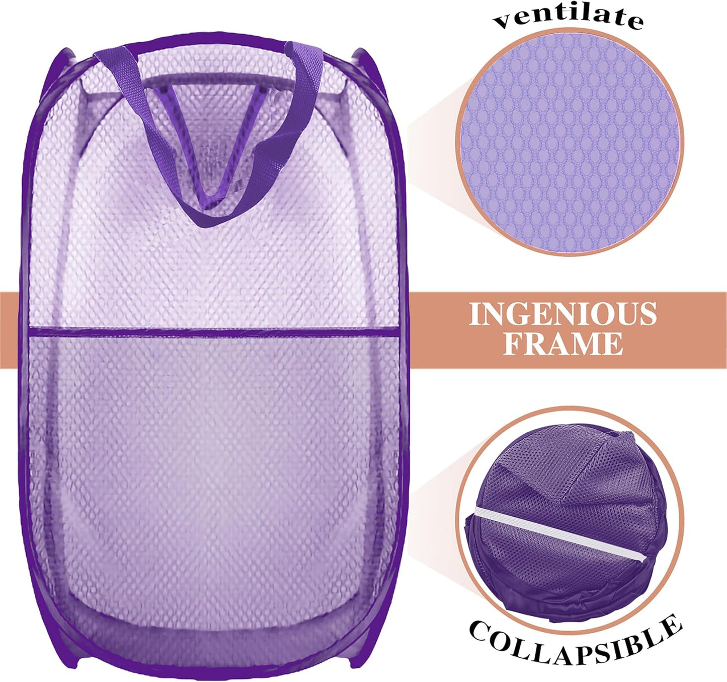 Collapsible Pop Up Laundry Hamper, Extra Large Mesh Foldable Laundry Basket, 28" x 16" x 16"(Purple)