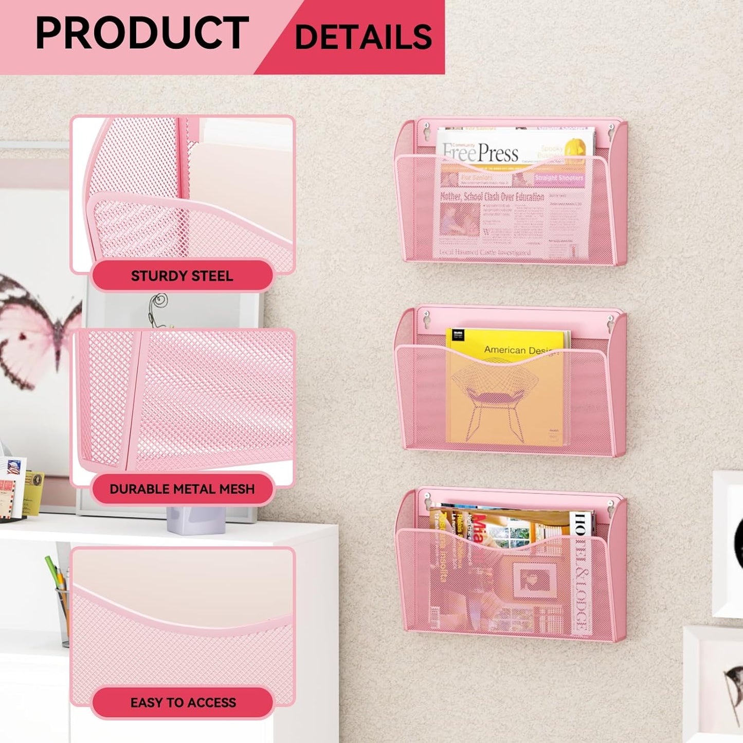 3 Single Pocket Wall File Holder, Mesh Hanging File Folder Paper Organizer, Vertical Wall Mounted Mail Basket, Storage Organization Magazine Rack for Office, Home and School, Pink