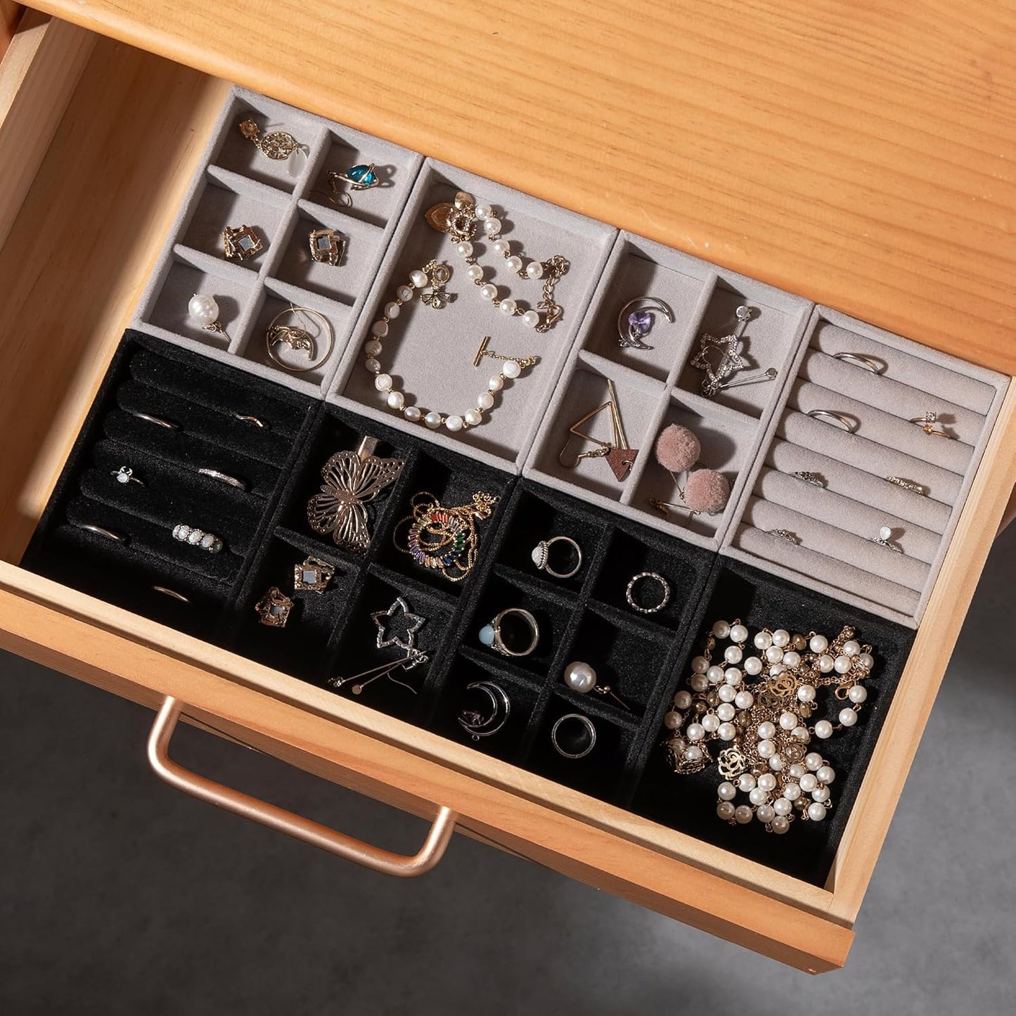 Frebeauty Small Jewelry Tray Set,Stackable Velvet Jewelry Organizer Tray,Mini Jewelry Drawer Organizer,Drawer Inserts,4.92 x 3.74 x 0.9 Inches,4 Grid Earring Organizer for Women(Set 2,White)
