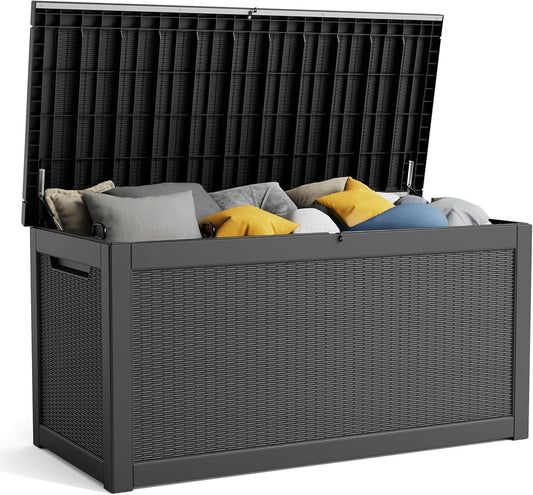 320 Gallon Resin Deck Box, Lockable Patio Outdoor Storage Box for Furniture, Garden Tools and Tools Storage, Waterproof Outside Storage Boxes - Black