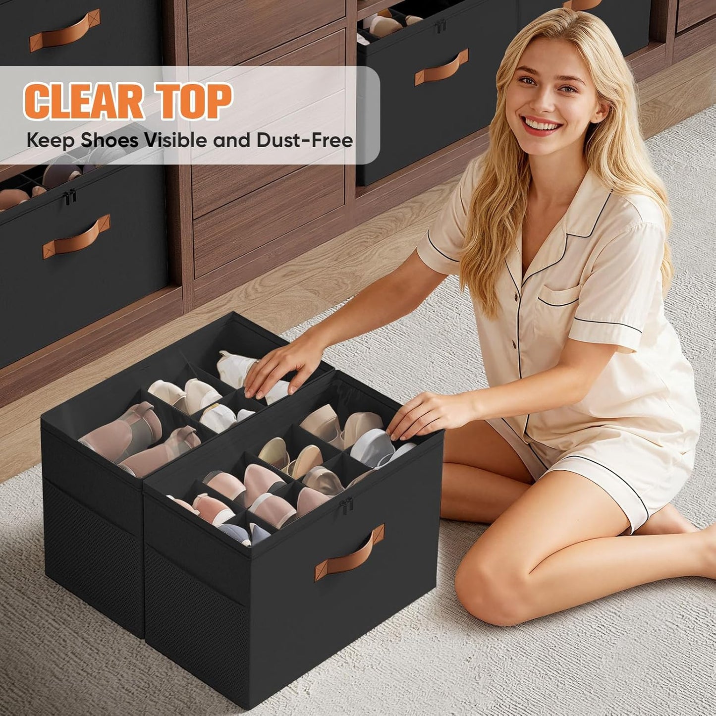 Shoe Organizer for Closet, 2 Pack Foldable Shoe Storage Organizer with Adjustable Dividers, Shoe Storage Box with Clear Cover, Fits up to 16 Pairs, Black