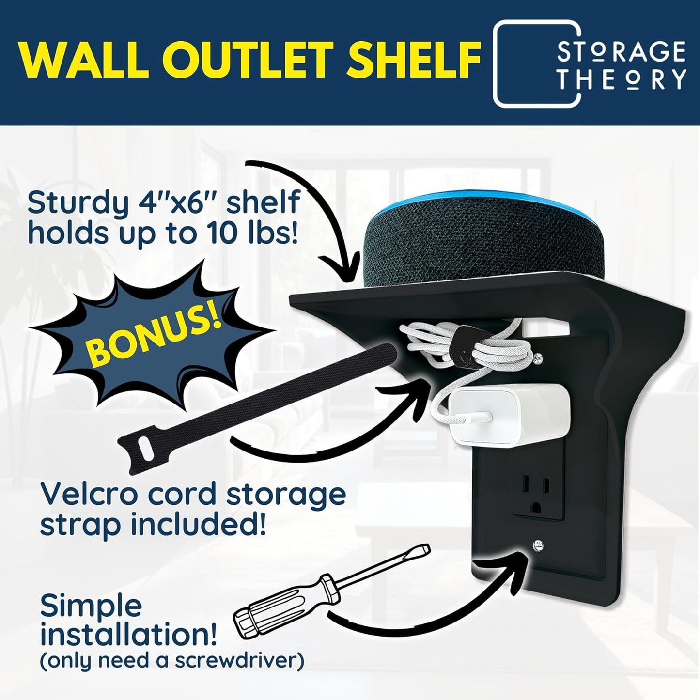 Power Perch Wall Outlet Shelf with Cord Storage Strap - Declutter & Reclaim Bathroom Counter Space - Alexa Stand, Apple Homepod Shelf, Toothbrush Holders Wall Mounted - Black, 2-Pack