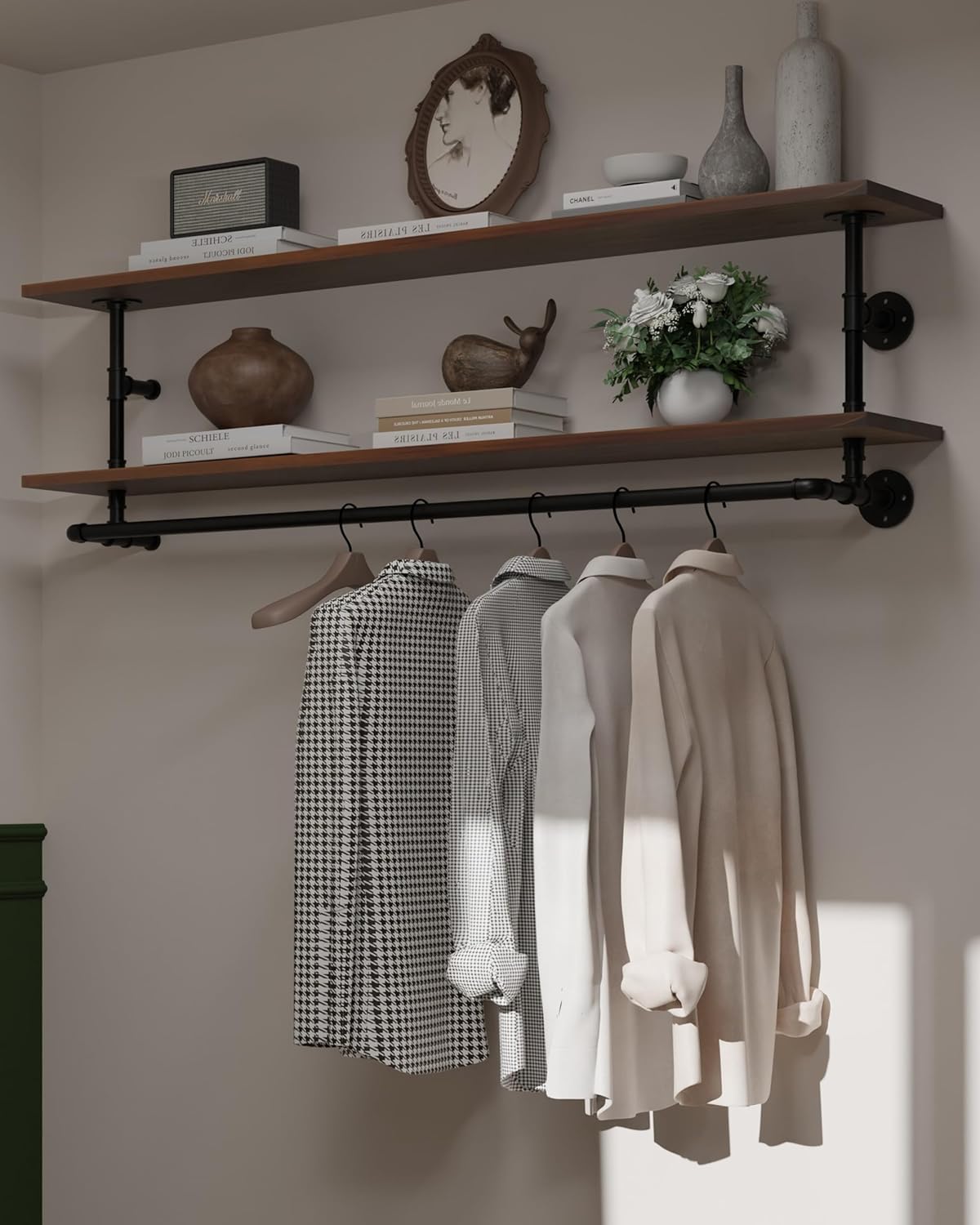 Clothes Rack 60in, Wall Mounted Garment Rack with Real Walnut Wood Shelf, Heavy Duty Hanging Clothes Rack, Multi-Purpose Hanging Rod, Space-Saving Closet Storage (Walnut, 2T60IN)