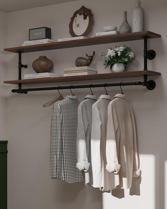 Clothes Rack 60in, Wall Mounted Garment Rack with Real Walnut Wood Shelf, Heavy Duty Hanging Clothes Rack, Multi-Purpose Hanging Rod, Space-Saving Closet Storage (Walnut, 2T60IN)