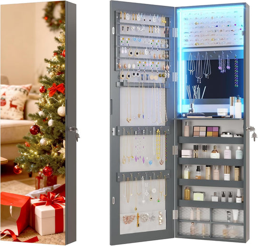 Vlsrka 47.2" LED Grey Jewelry Mirror Cabinet, Wall/Door Mounted Jewelry Armoire Organizer with Full-Length Mirror, Large Capacity Storage Hanging Cabinet, 4 Drawers, 5 Shelves, Built-in Lighted Mirror