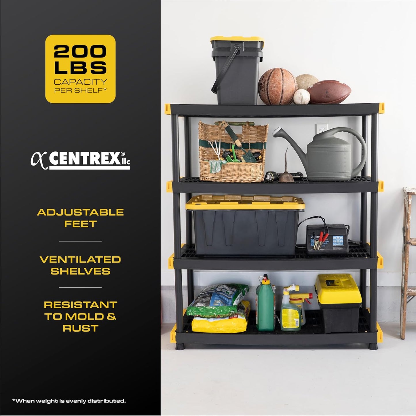 Black & Yellow, 4-Tier Heavy Duty Plastic Storage Shelving Unit, 200lbs/shelf (55H x 48W x 20D), for Indoor/Outdoor Organization, Modular Rack