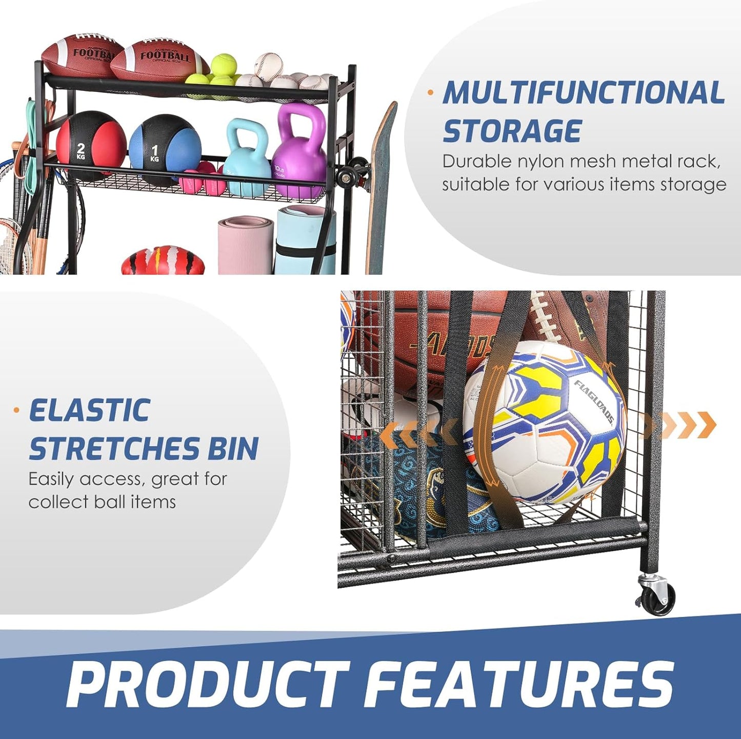 PLKOW Sports Equipment Organizer - Garage Storage Rack with Basket and Hooks, Ball Storage, Toy and Gear Organizer, Black