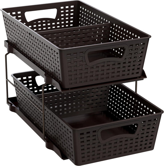 Simple Houseware 2 Tier Bathroom Organizer Tray Pull-Out Sliding Drawer, Under Sink Storage, Brown